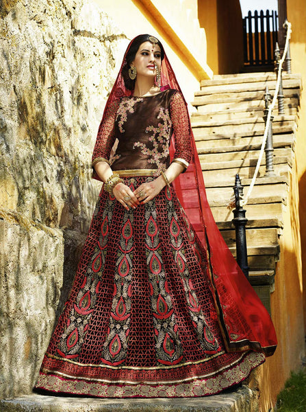 Meroon With Brown Embroidery Work Party Wear Lehenga