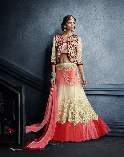 Cream And Red Color Net Lehenga Choli