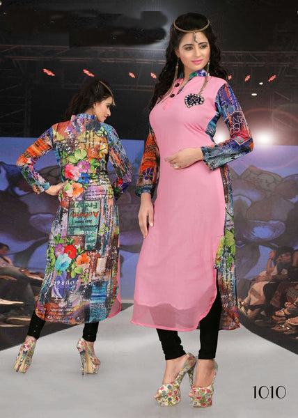Pink Printed Work Georgette Long Pakistani Kurti