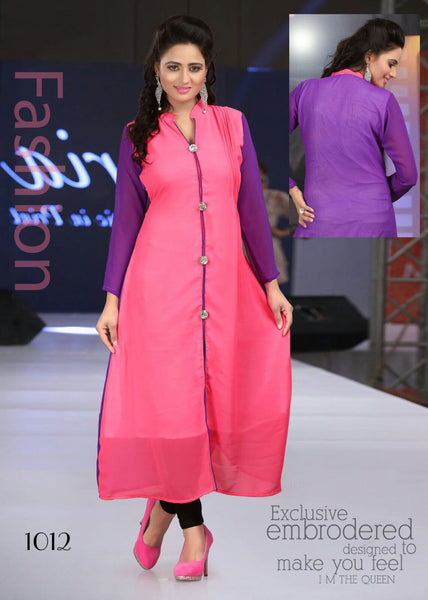 Pink Plain Georgette Long Pakistani Kurti