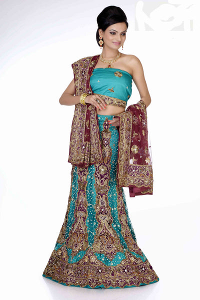 Turquoise Blue And Maroon Net Embroidery With Stone Work Bridal Lehenga Choli