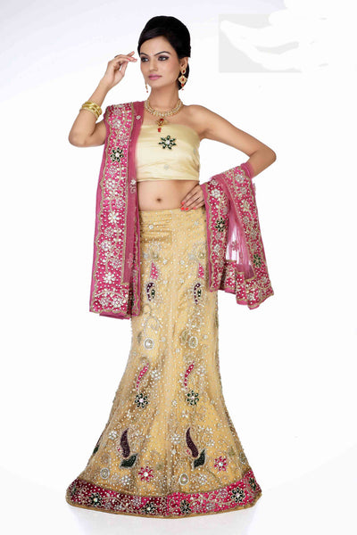 Beige & Pink Net Zari Embroidery With Stone Work Lehenga Choli