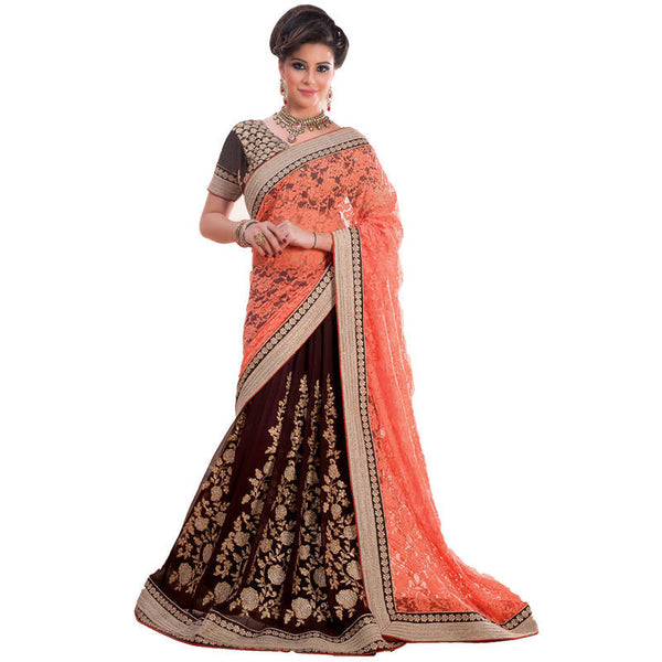 Orange and brown embroidered net lehenga saree with blouse