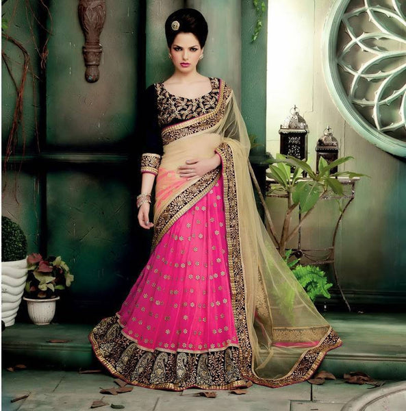 Rani pink & beige zari buttis with resham embroidery lehenga style saree