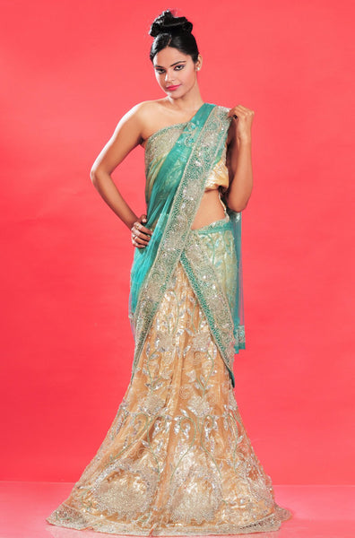 Luscious Golden Orange And Green Net Lehenga Choli