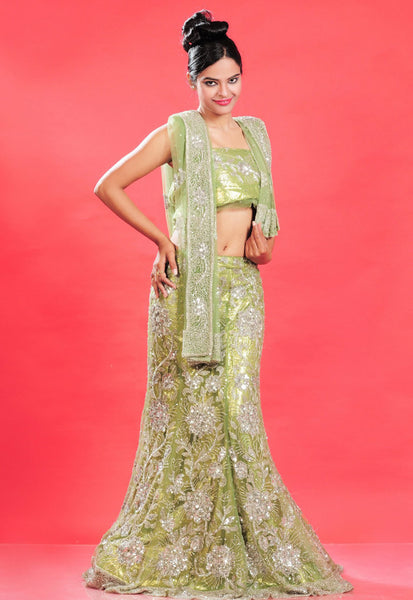 Bottle Green Silver Zardosi Stone Work Lehenga Choli
