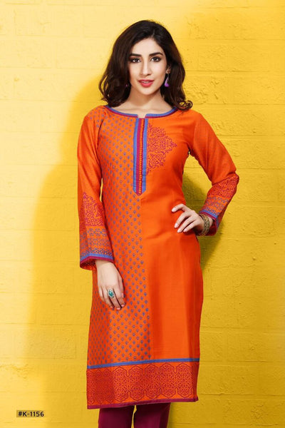Printed Orange Cotton Kurti