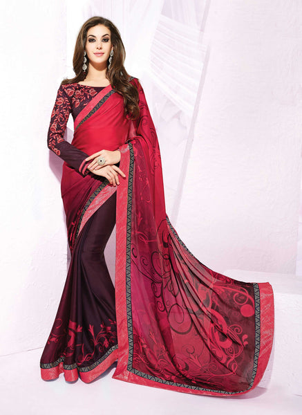Red And Wine Color Silk Georgette Designer Saree