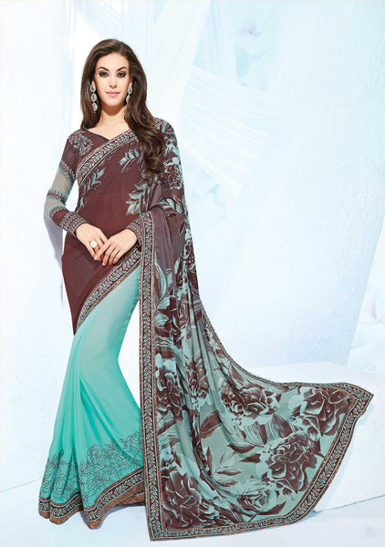 Aqua Blue And Brown Color Crepe Georgette Silk Designer Saree