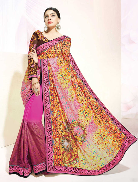 Hot Pink And Musturd Color Silk Georgette Designer Saree