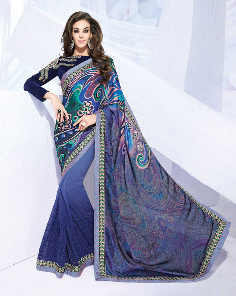 Royal Blue Color Silk Georgette Thread Work Designer Saree