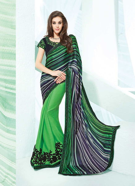 Flash Green And Black Color Silk Georgett Crepe Lazer Cut Lace Work Designer Saree