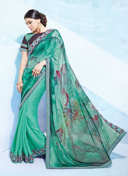 Sea Green Jacquard Crepe Georgette Thread Work Designer Saree