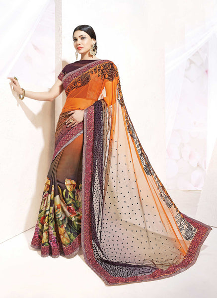 Orange And Brown Net Georgette Silk Thread Work Designer Saree