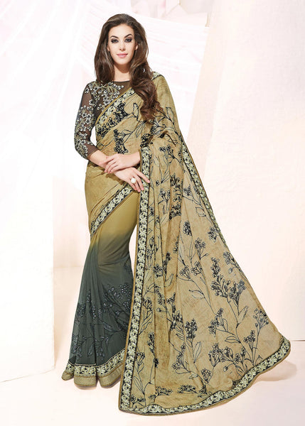 Beige And Grey Crepe Georgette Net Thread With Stone Work Designer Saree