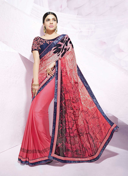 New Gajri Pink Silk Georgette Thread Embroidery Pary Wear Saree