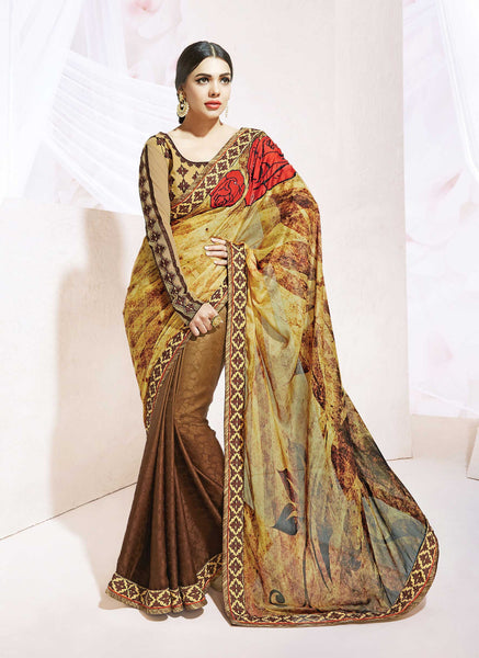 Ochre Brown Jacquard Georgette Thread Embroidery Party Wear Saree