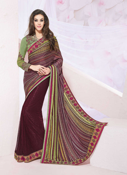 Deep Wine Silk Georgette Net With Thread Embroidery Party Wear Saree