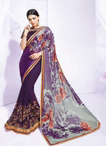 Deep Purple Orange With Silk Georgette Net Stone Work Designer Saree
