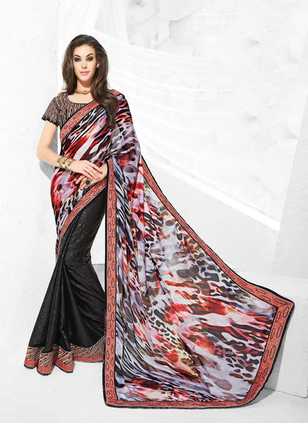 Rust Brown And Black Color Jacquard Silk Georgette With Stone Work Party Wear Saree