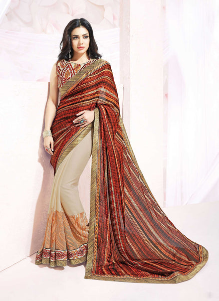 Cream And Rust Brown Chiffon Silk Georgette Thred Embroidery With Beads Designer Saree
