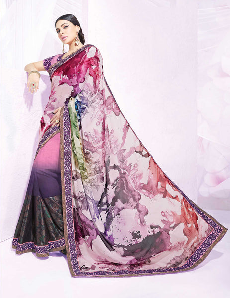 Pink And Purple Georgette Chiffon Thread Embroidery Party Wear Saree