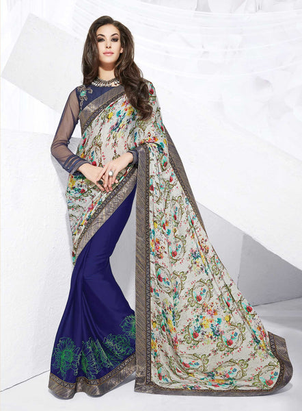 Royal Blue And Grey Silk Georgette Thread Embroidery With Stone Work Party Wear Saree