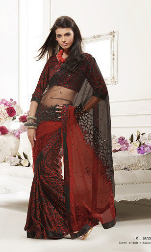 Red And Black Color Net Designer Saree