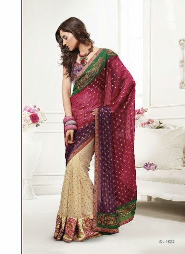 Cream Pink And Purple Color Net Designer Saree