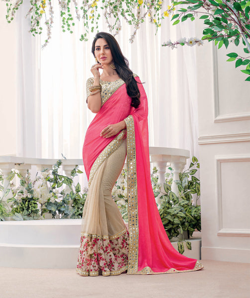 Carrot Red And Beige Jacquard With Net Zari Mirror Work Saree