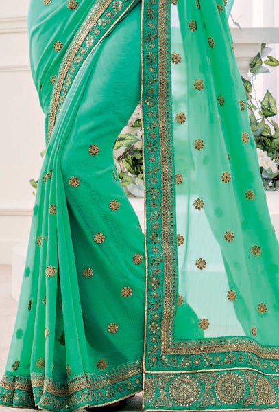 Pista Green Chiffon Embroidery Work Designer saree