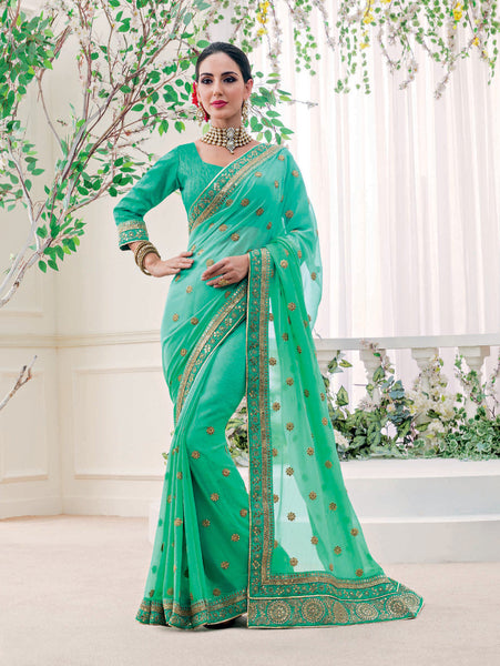 Green Chiffon Embroidery Work Designer saree