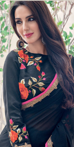 Pink Color Georgette And Net Embroidery With Diamond Work Saree