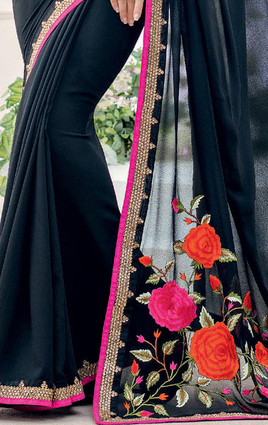 Pink Color Georgette And Net Embroidery With Diamond Work Saree