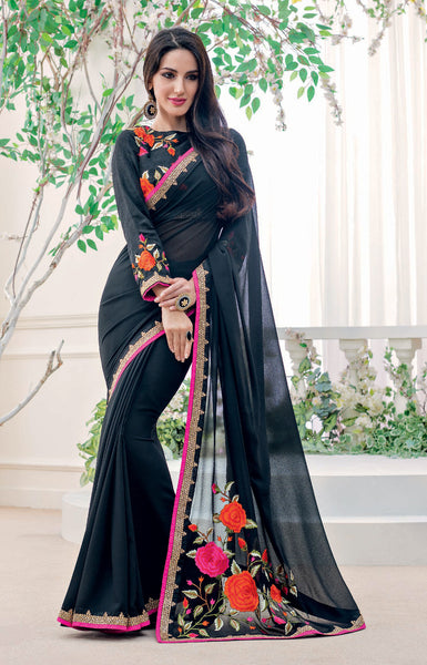 Black Georgette Embroidery Work Designer Saree