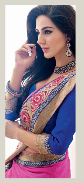 Beige And Blue Chiffon Diamond With Flower Embroidery Work Saree With Blouse