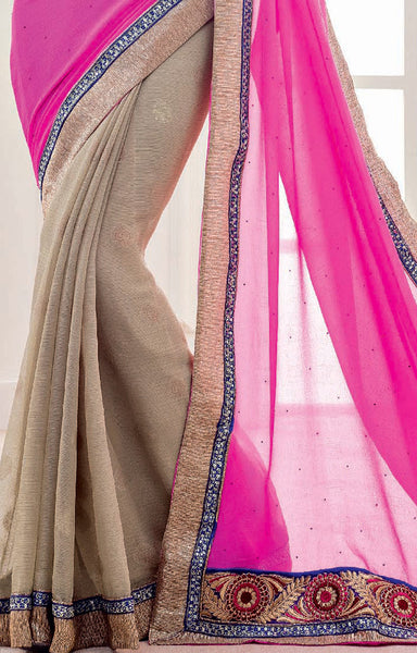 Beige And Blue Chiffon Diamond With Flower Embroidery Work Saree With Blouse
