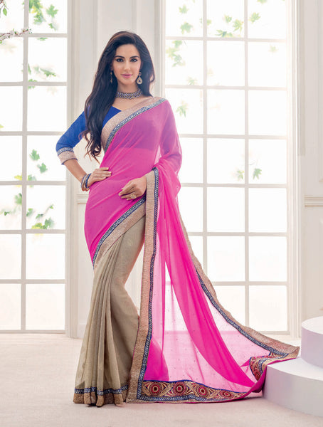 Pink And Beige Chiffon And Brasso Diamond Foil Work Saree