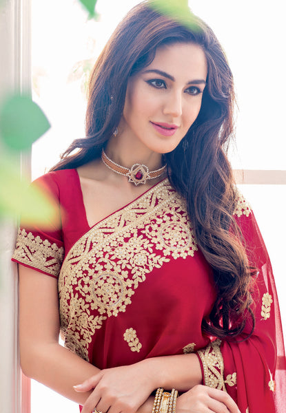 Beige And Green Georgette With Jaquard Diamond Embroidery Work Saree With Blouse