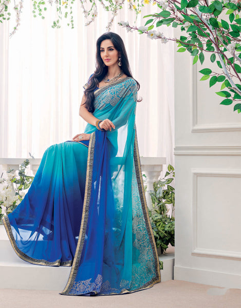 Blue Georgette Foil Work designer saree