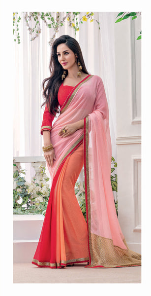 Pink And Orange Chiffon Designer Saree