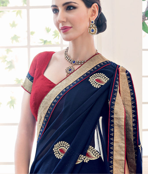 Blue Georgette Diamond Work Designer Saree With Blouse