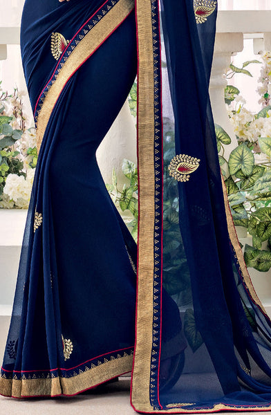Blue Georgette Diamond Work Designer Saree With Blouse