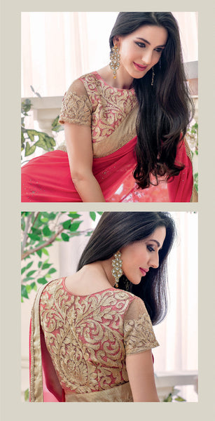 Pink And Beige Chiffon Diamond And Embroidery Work Saree With Blouse