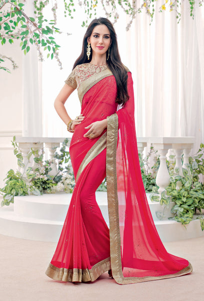 Red Color Georgette Diamond Work Designer Saree