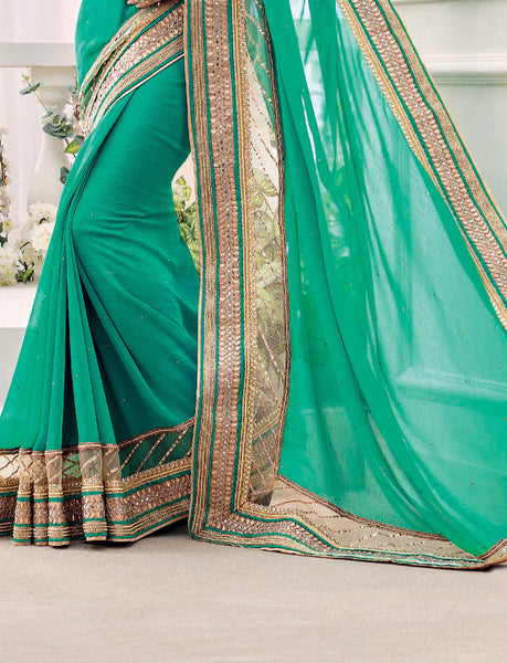 Blue And Rama Color Georgette Diamond Embroidery Work Saree With Blouse