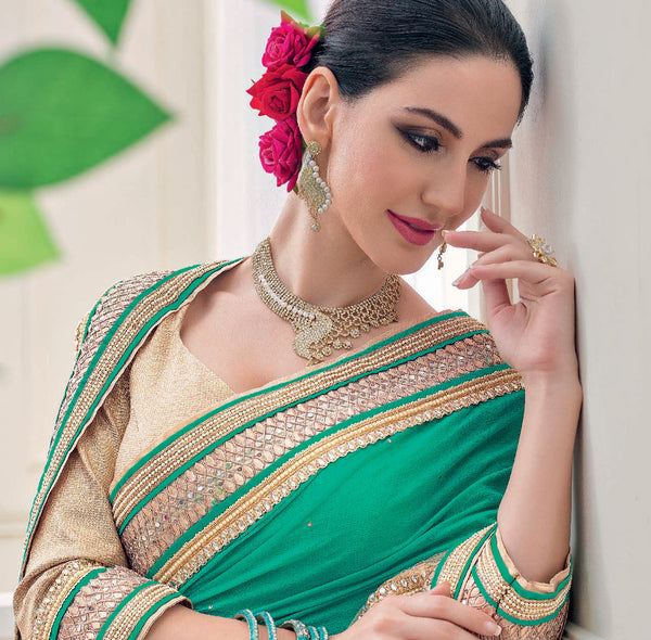 Blue And Rama Color Georgette Diamond Embroidery Work Saree With Blouse