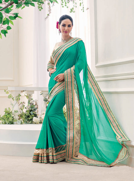 Green Color Georgette Diamond Work Designer Saree