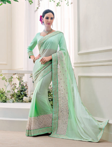 Pista Green Chiffon Embroidery Work Designer saree