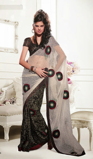 Cream And Black Color Crafted with flower print Designer Saree 